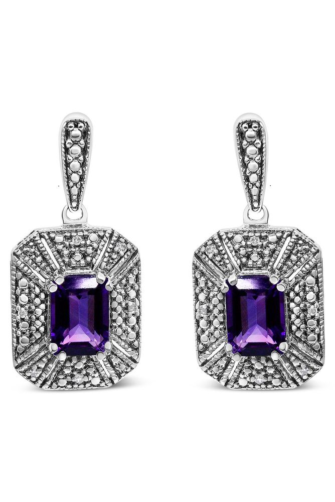Emerald Shape Purple Amethyst and Diamond Accent Art Deco Halo Style Earrings